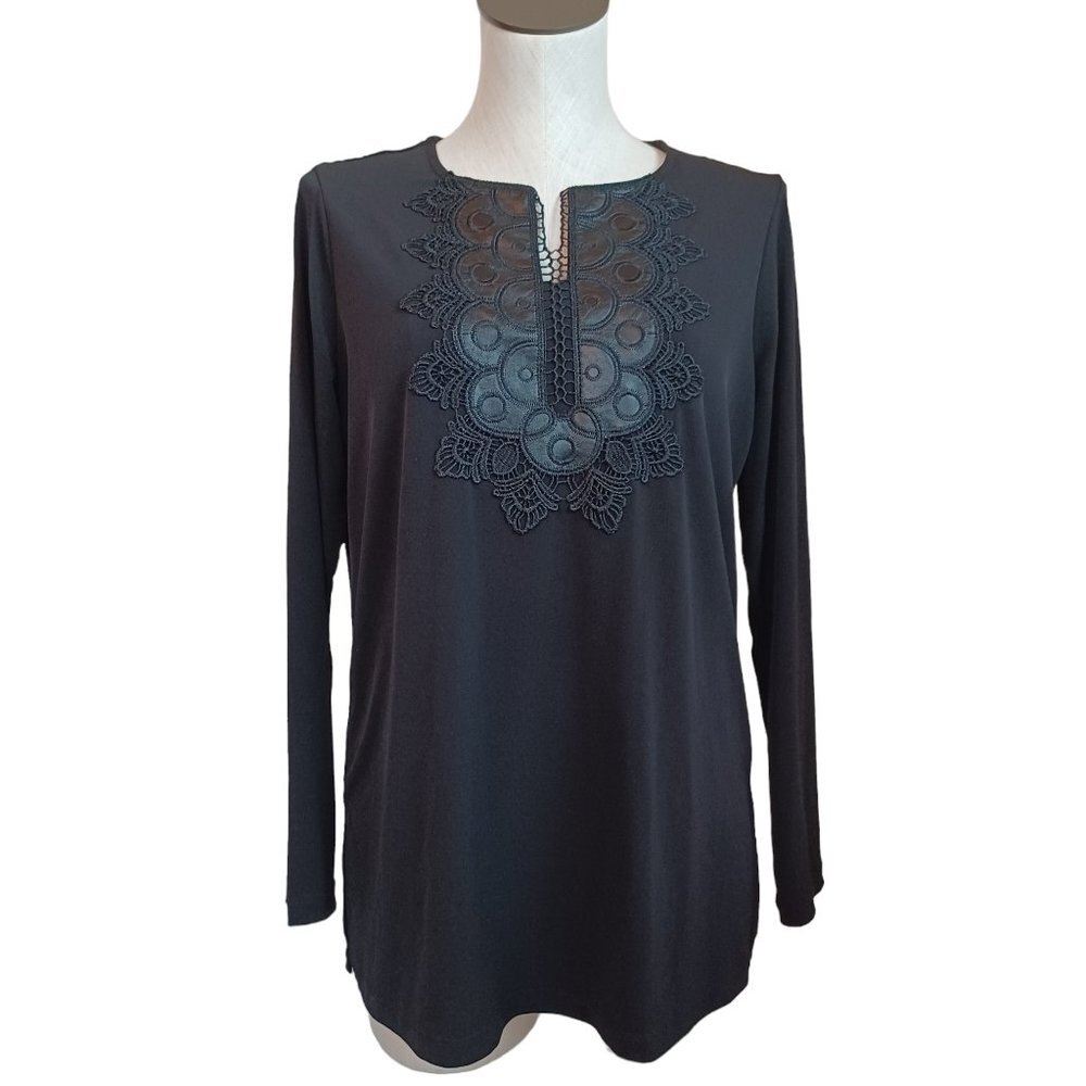 Susan Graver Top Embroidered Leather Look Yoke Black Size Small